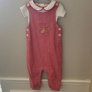 Baby Boden Red and White Striped Overalls with Banana Patch